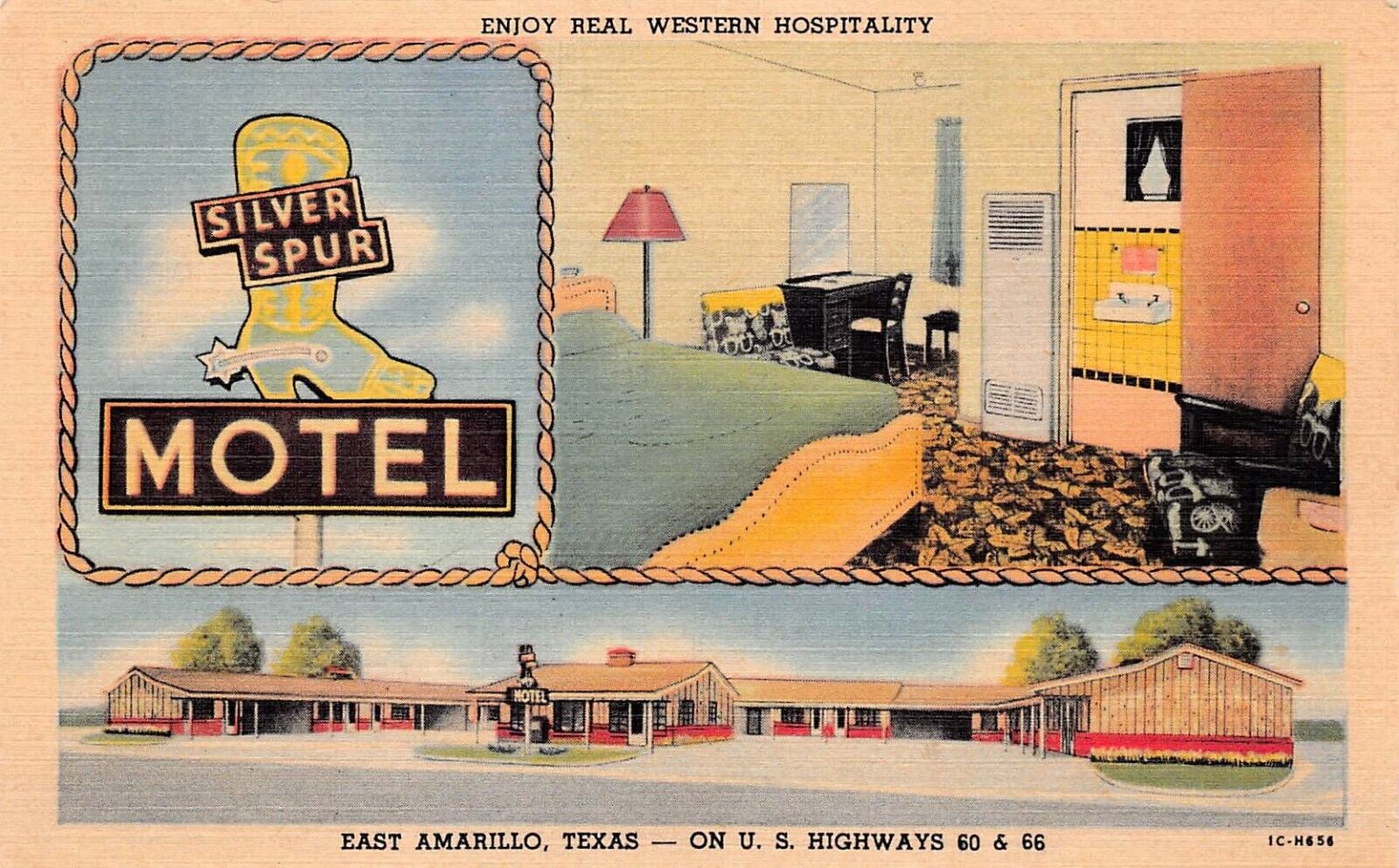 Route Hwy 66 Amarillo TX Texas Silver Spur Motel Cowboy Boot Vtg Postcard D49