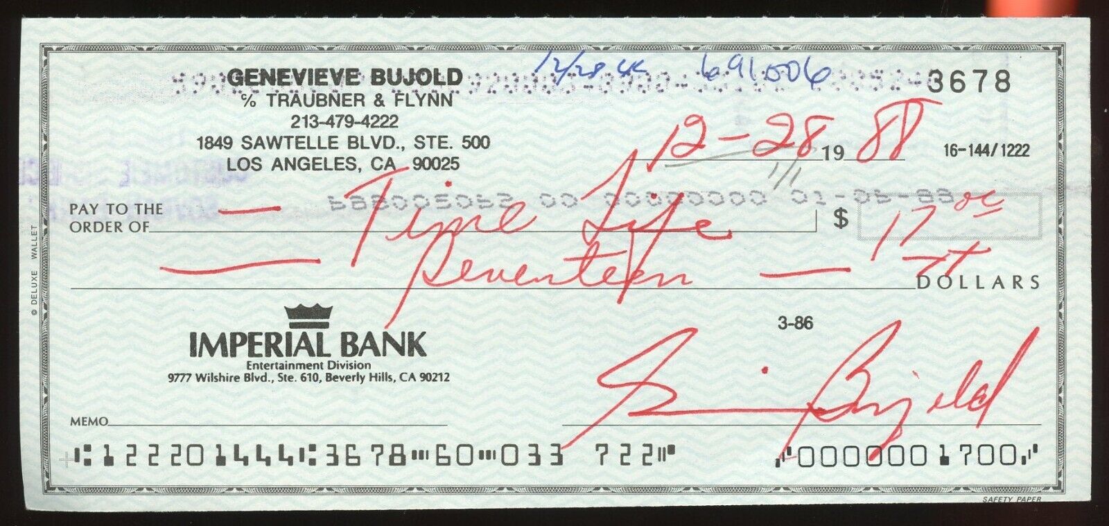 Geneviève Bujold signed check autograph auto Canadian Actress