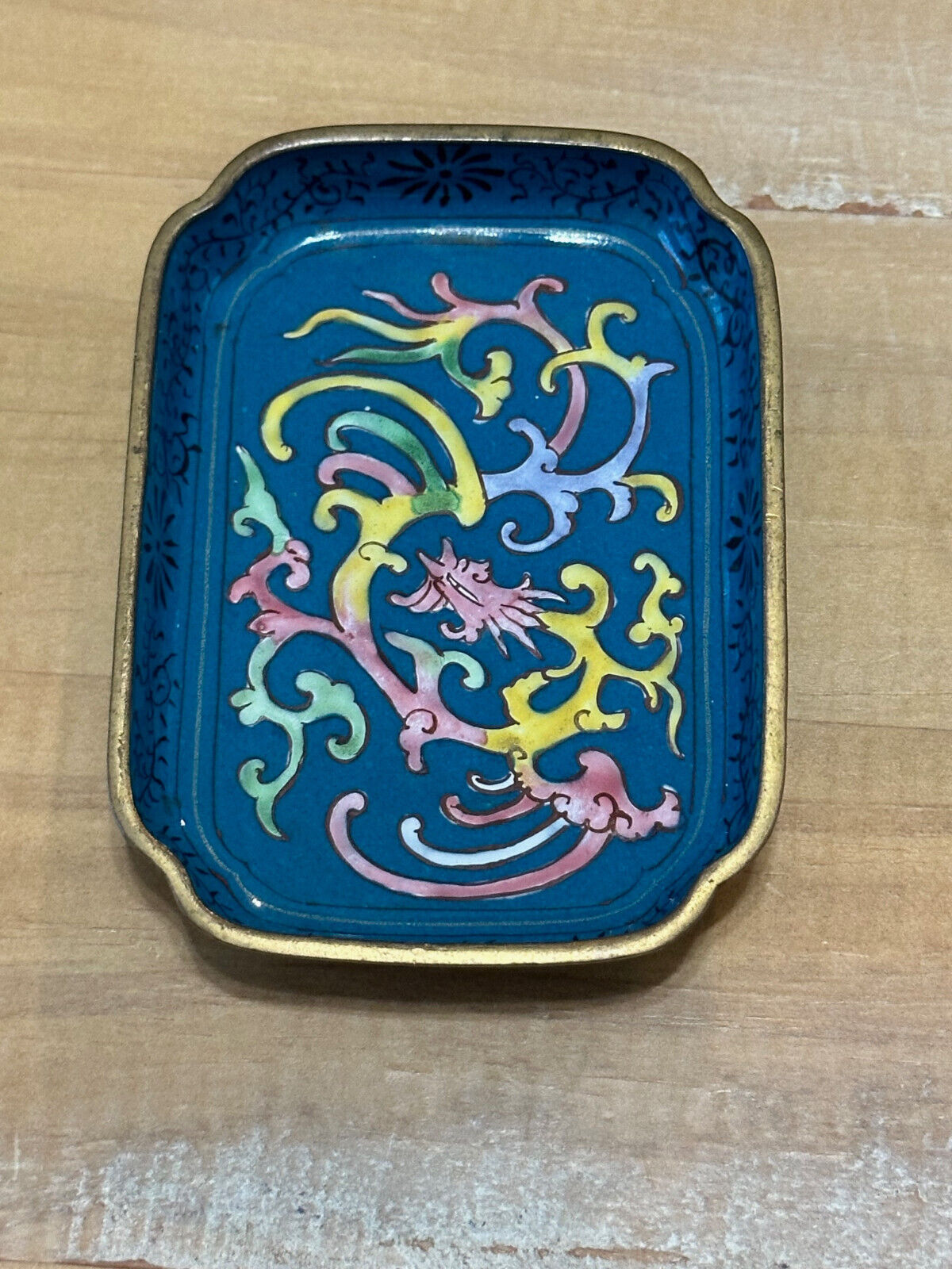 Vintage Blue Chinese Enamel on Metal Cloisonné Rectangle Trinket Dish 4” X 3”