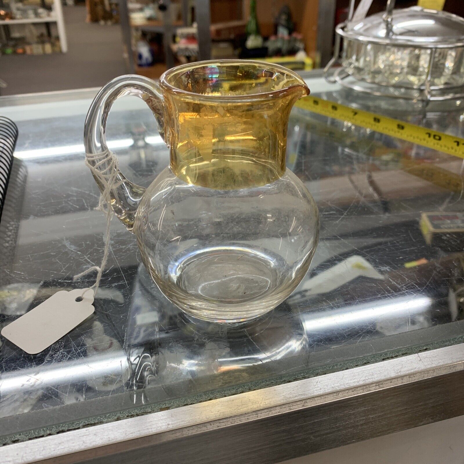 Vintage Clear Glass Pitcher Top Gold Trim, Bottom Clear  “dd”