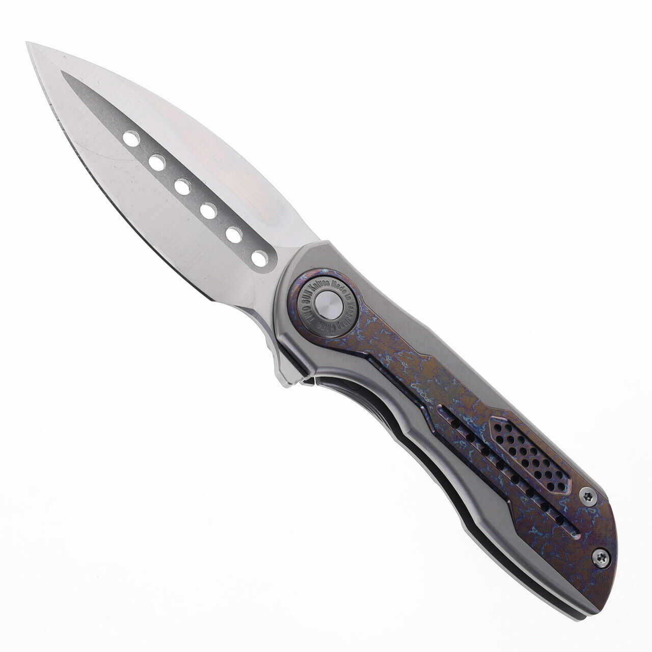 TwoSun Folding Knife Blue/Black Titanium Handle 14C28N Plain Edge TS440-Blue