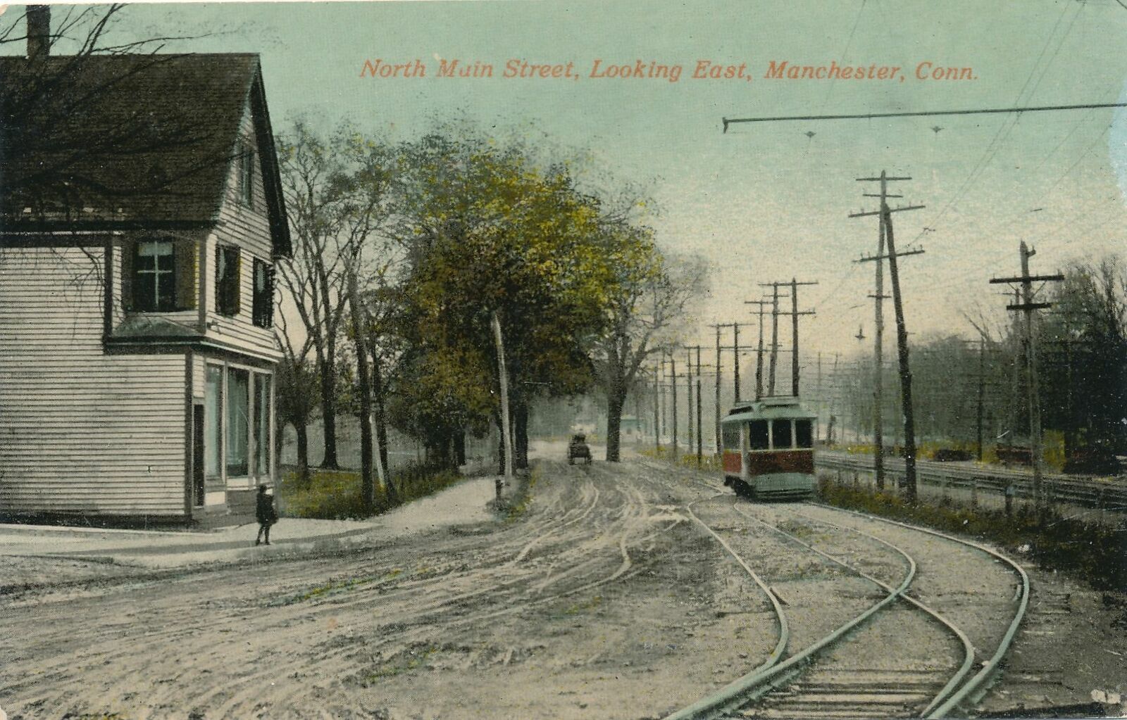 MANCHESTER CT - North Main Street looking East showing Trolley