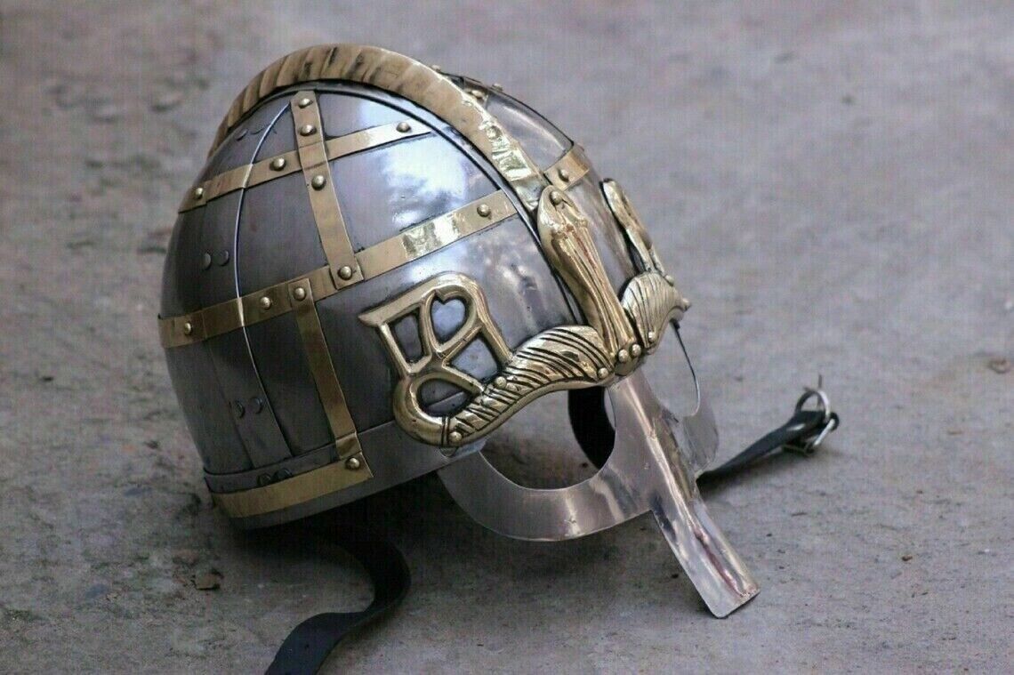Medieval Knight 18 GA Steel Viking Vendel Helmet Brass Accent Nasal Helmet