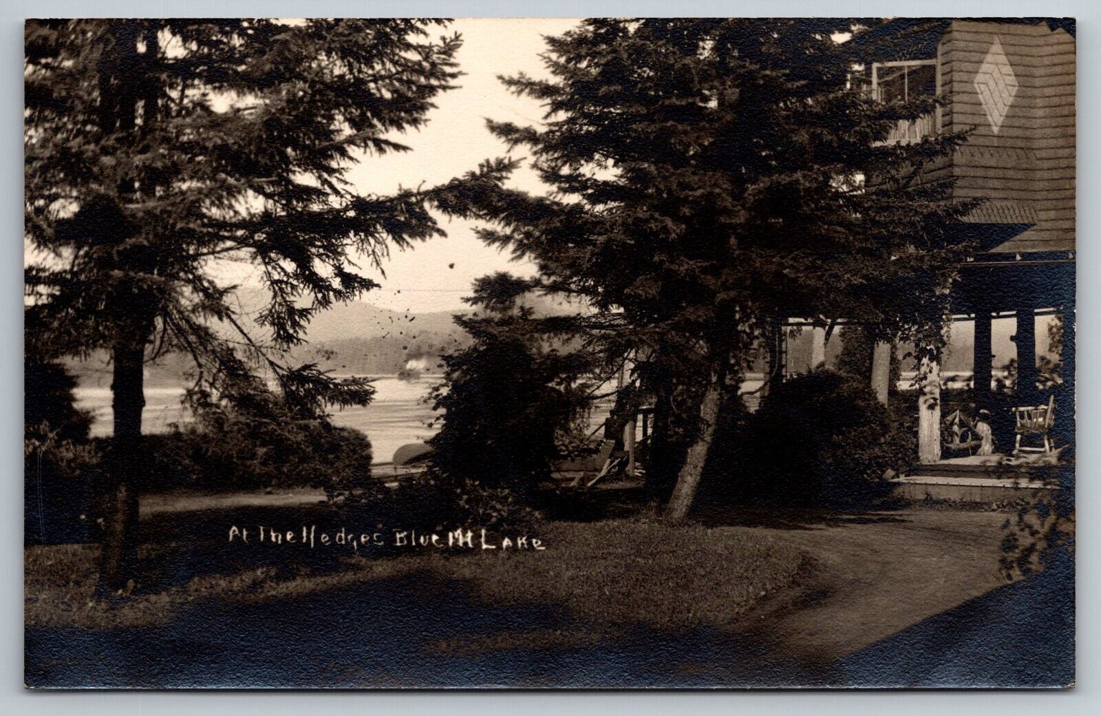 At the Hedges Blue Mountain Lake, New York Real Photo Postcard RPPC