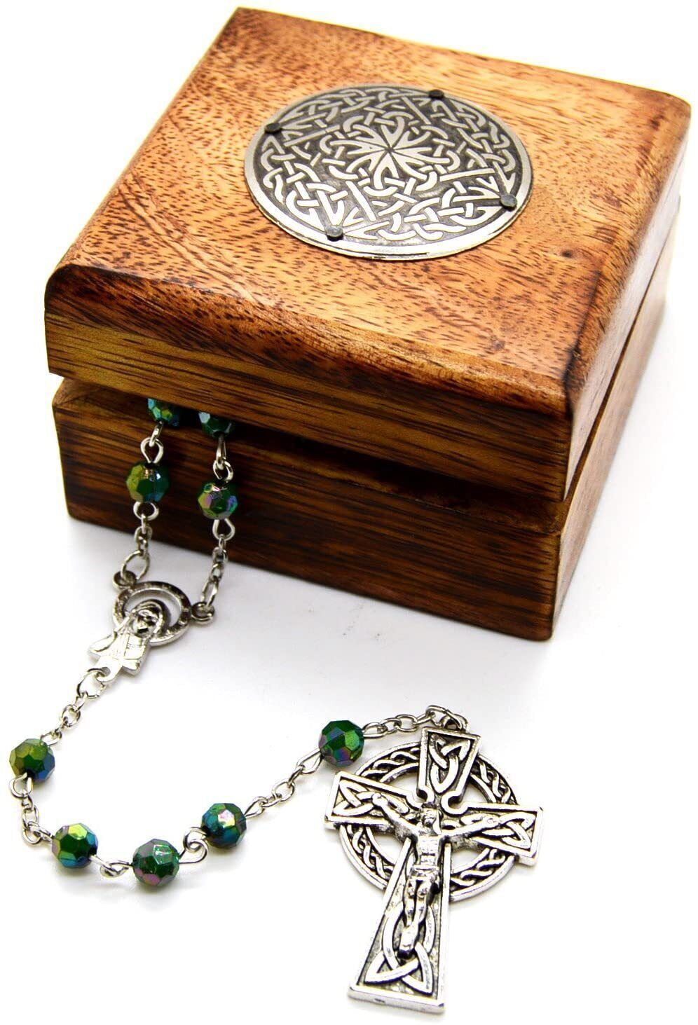 Catholic Green Irish Acrylic Rosary Prayer Beads Silver Plated Celtic Cross box
