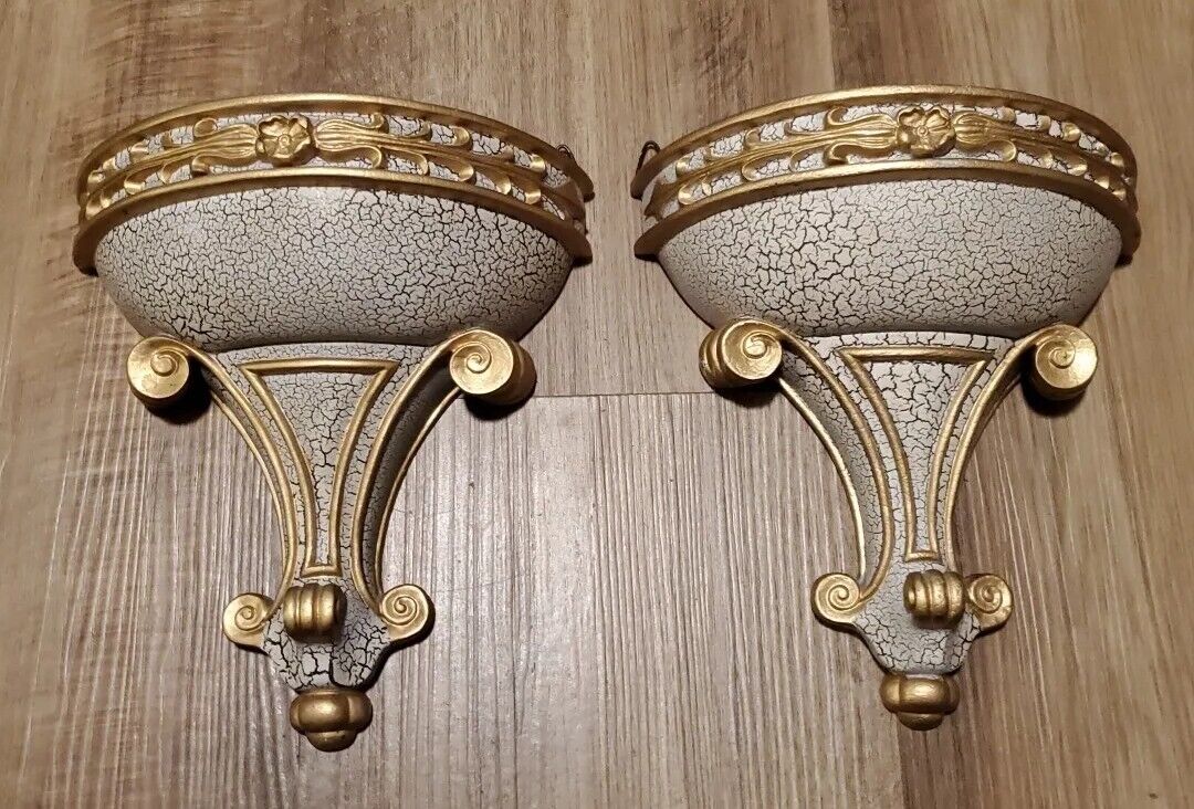 Vintage Wall Sconces Gold Ivory Crackle Floral Scroll Design House of Lloyd Pair