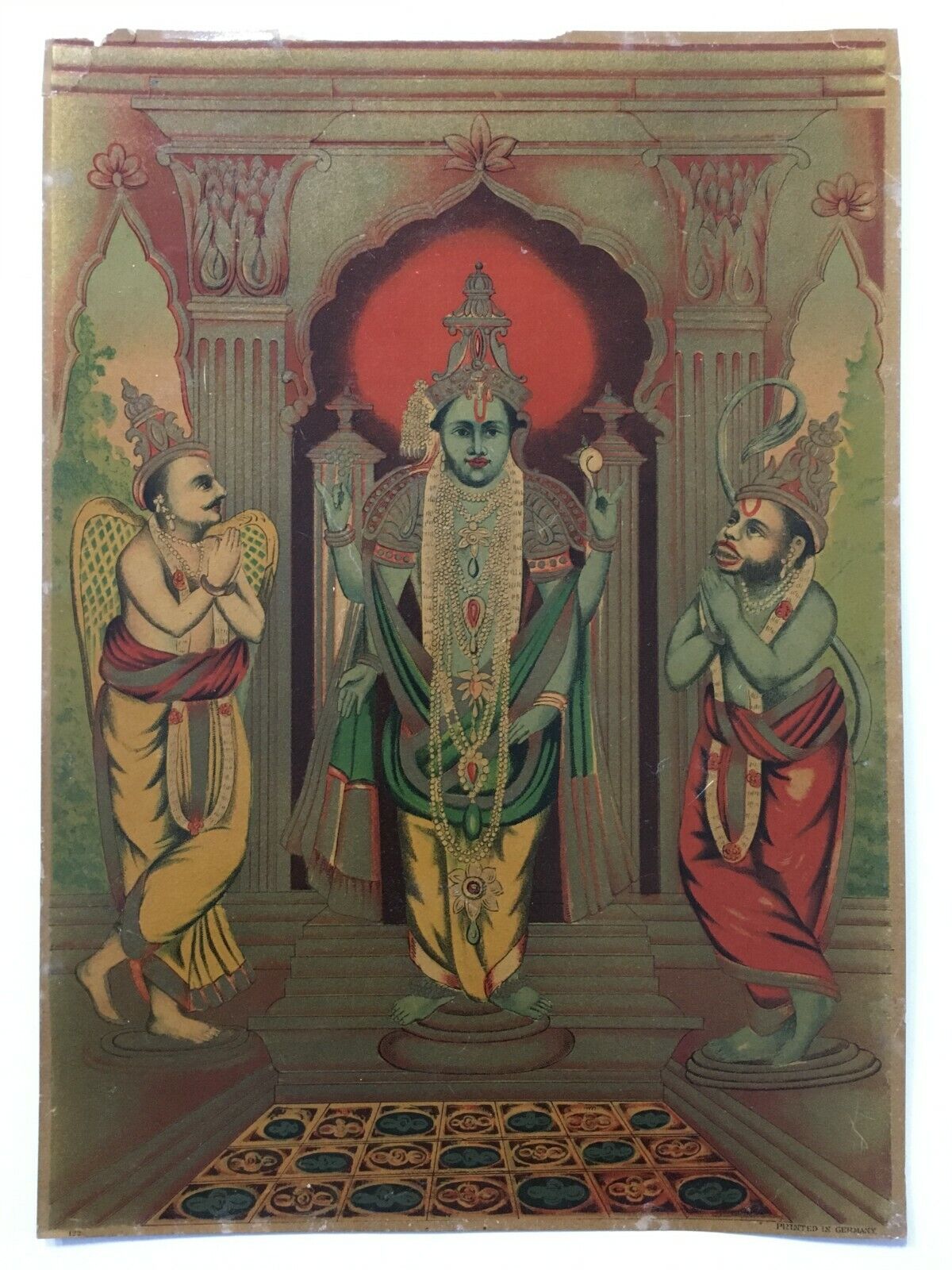 India Vintage 1910's Print LORD VISHNU . Printed in Germany.  10in x 14in