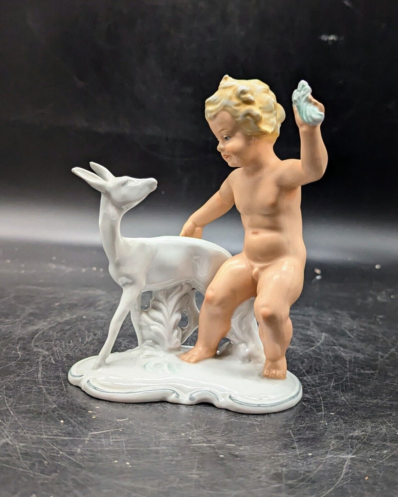 Boy Putti Angel with a deer German porcelain figurine WALLENDORF Vintage 1347