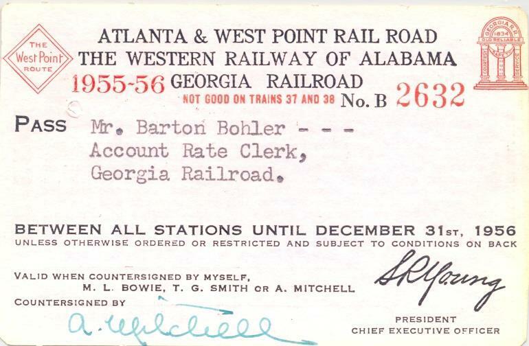 1955-56 Atlanta & West Point Railroad employee pass - Georgia Railroad, WofA