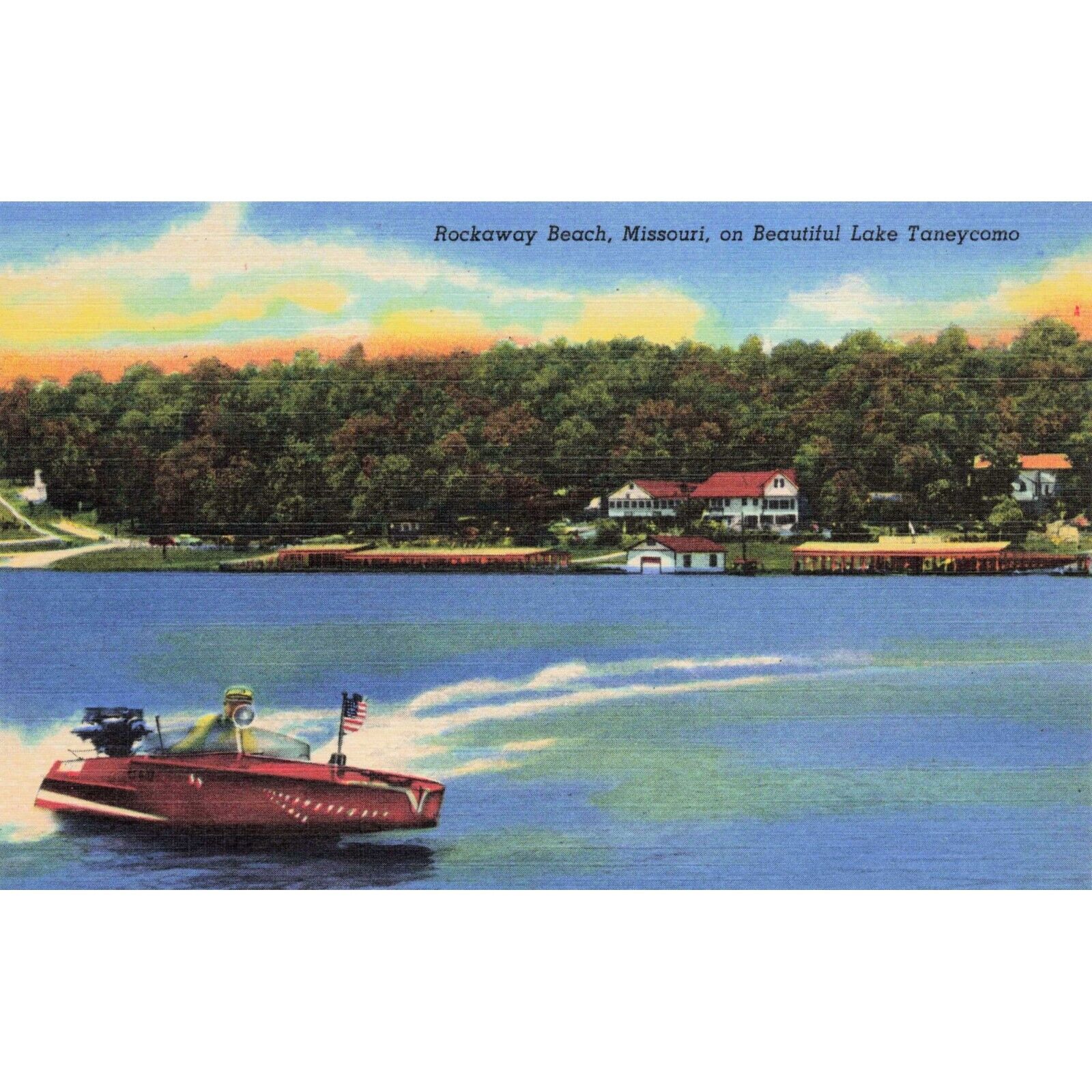 Postcard Rockaway Beach, Missouri, on Beautiful Lake Taneycomo Linen Unposted
