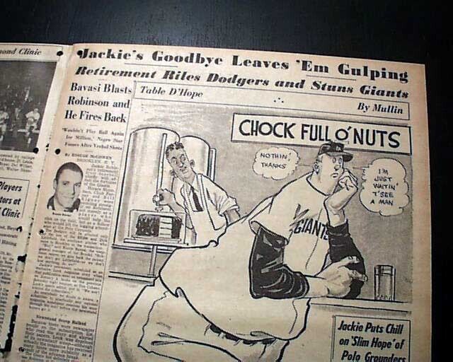 JACKIE ROBINSON 1st Negro MLB Baseball Player Dodgers RETIREMENT 1957 Newspaper 