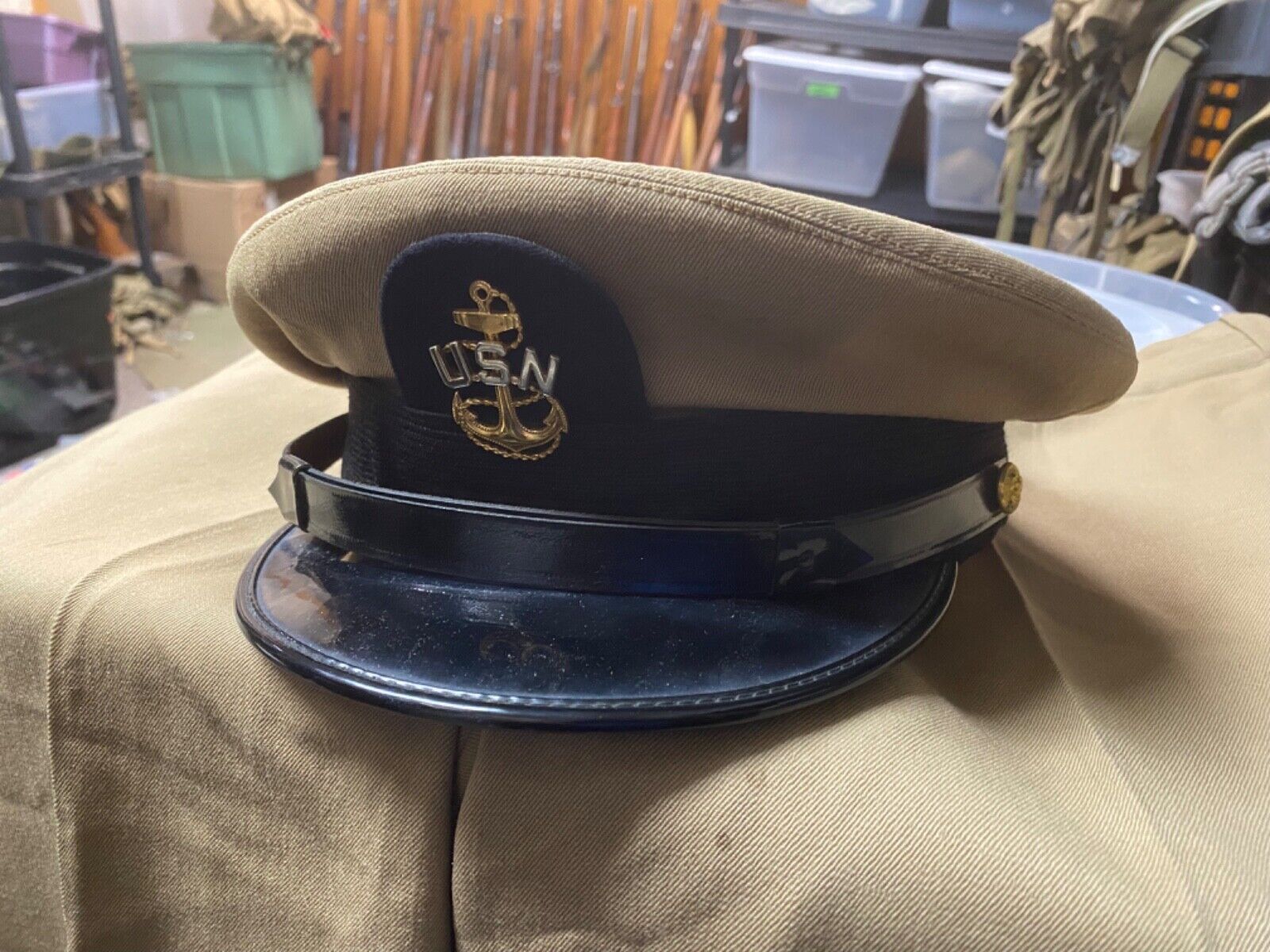 ORIGINAL WWII US NAVY CPO CHIEF PETTY OFFICER KHAKI VISOR HAT CAP- SIZE 7 1/8TH