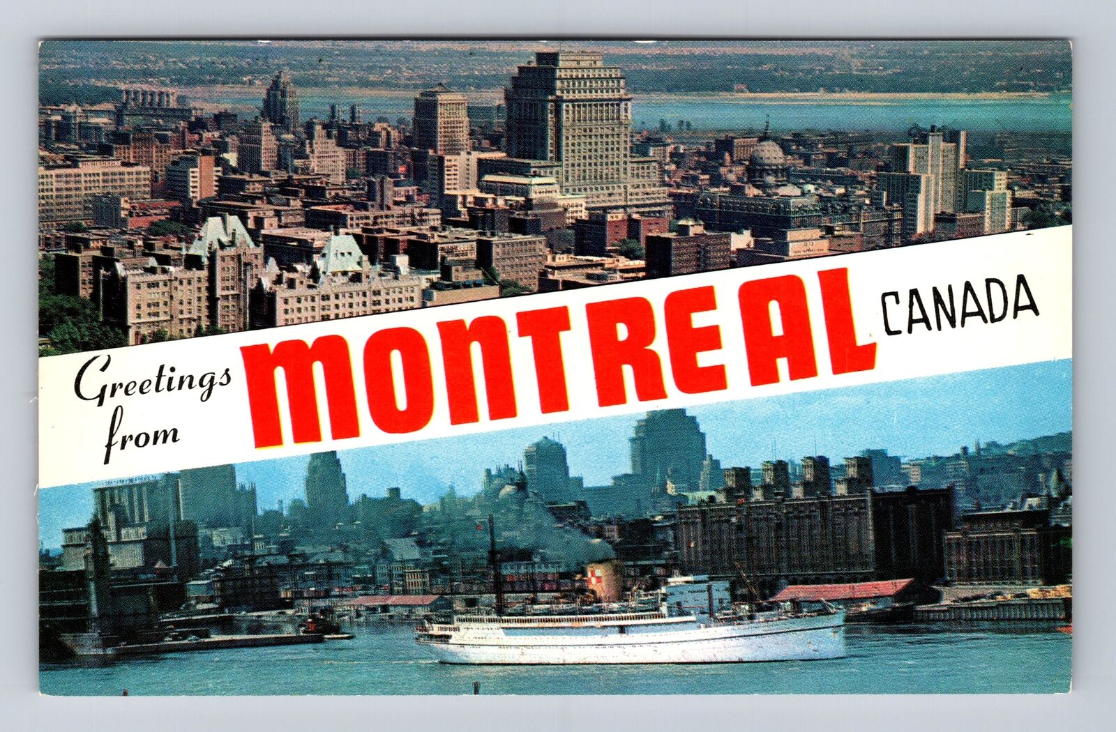 Montreal-Quebec, General Banner Greeting, Skyline & Harbor Vintage Postcard