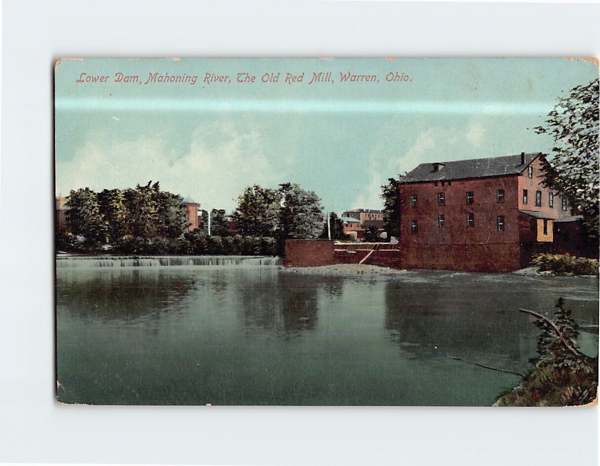 Postcard Lower Dam Mahoning River The Old Red Mill Warren Ohio USA