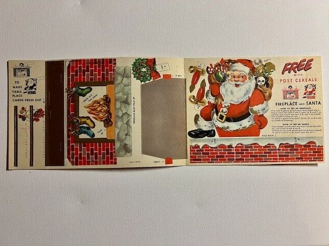 VTG POST CEREAL LITHO PUNCH OUT CHRISTMAS DECOR SANTA FIREPLACE DIE CUT UNUSED