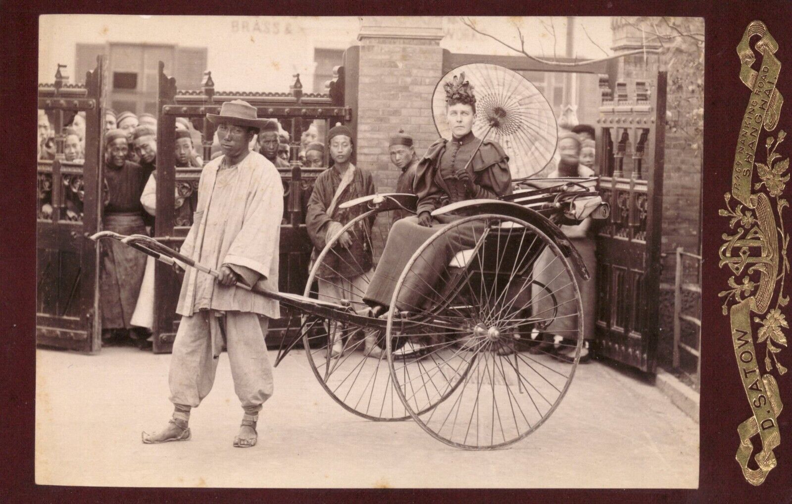 D. Satow Cabinet Card Shanghai China Austere Women with Parasol in Rickshaw