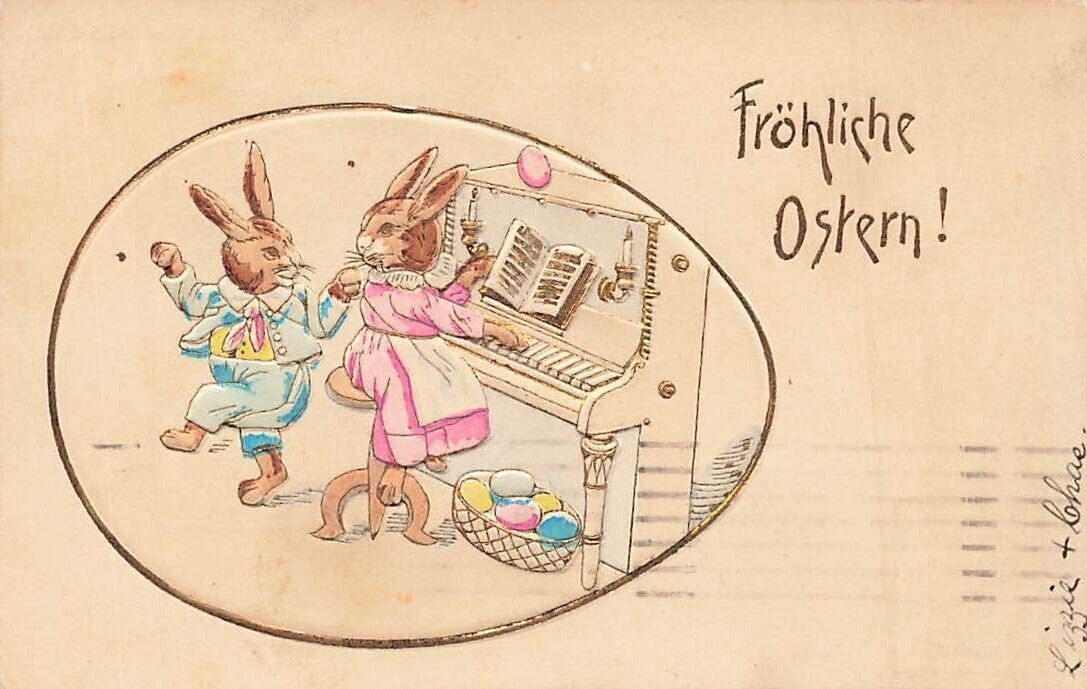 c1905 Fantasy Anthropomorphic Rabbits Dressed Playing Piano Germany Easter P467