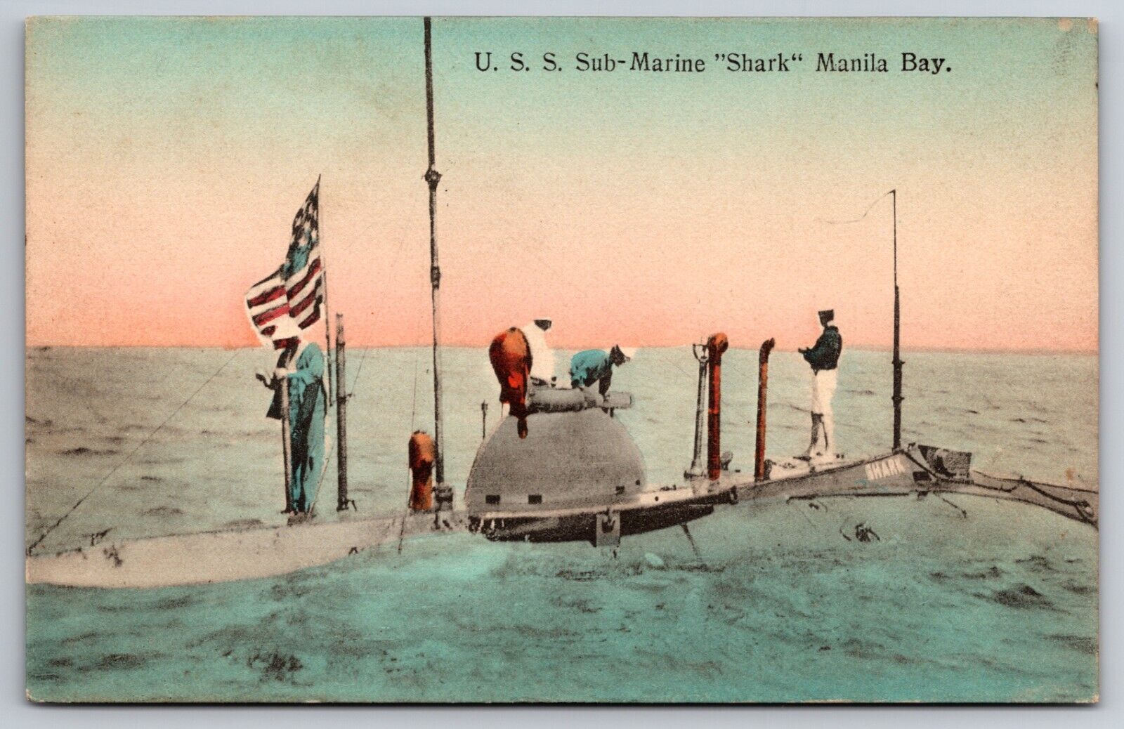 USS Submarine Shark Manila Bay Philippines American Flag c1910 Postcard