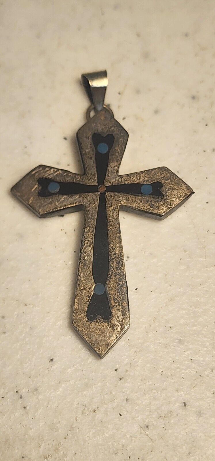 Vintage Inlayed Silver Cross Crucifix Pendant