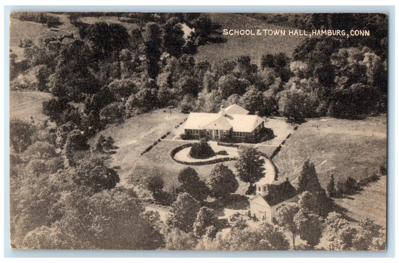 c1950's Aerial View School & Town Hall Building Hamburg Connecticut CT Postcard
