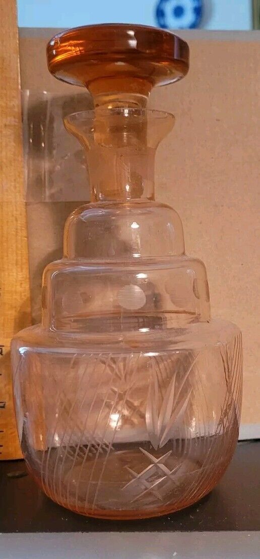 Vintage Clear Pink Etched Glass Decanter With Stopper