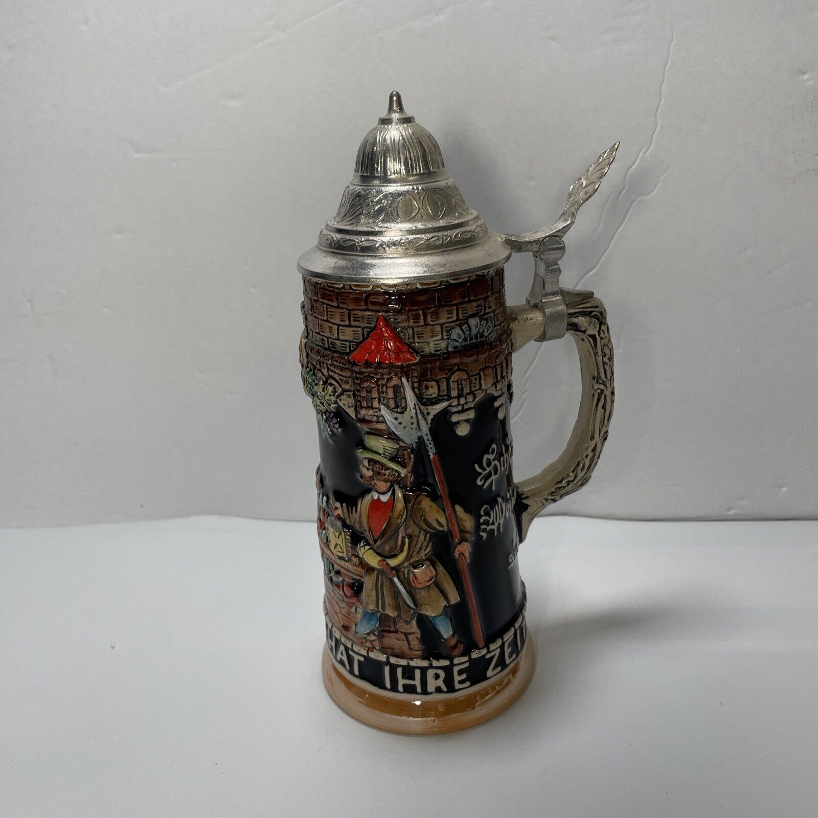 Vintage German Beer Stein Mug Ceramic Original Gerzit Lidded Hand Painted NOS