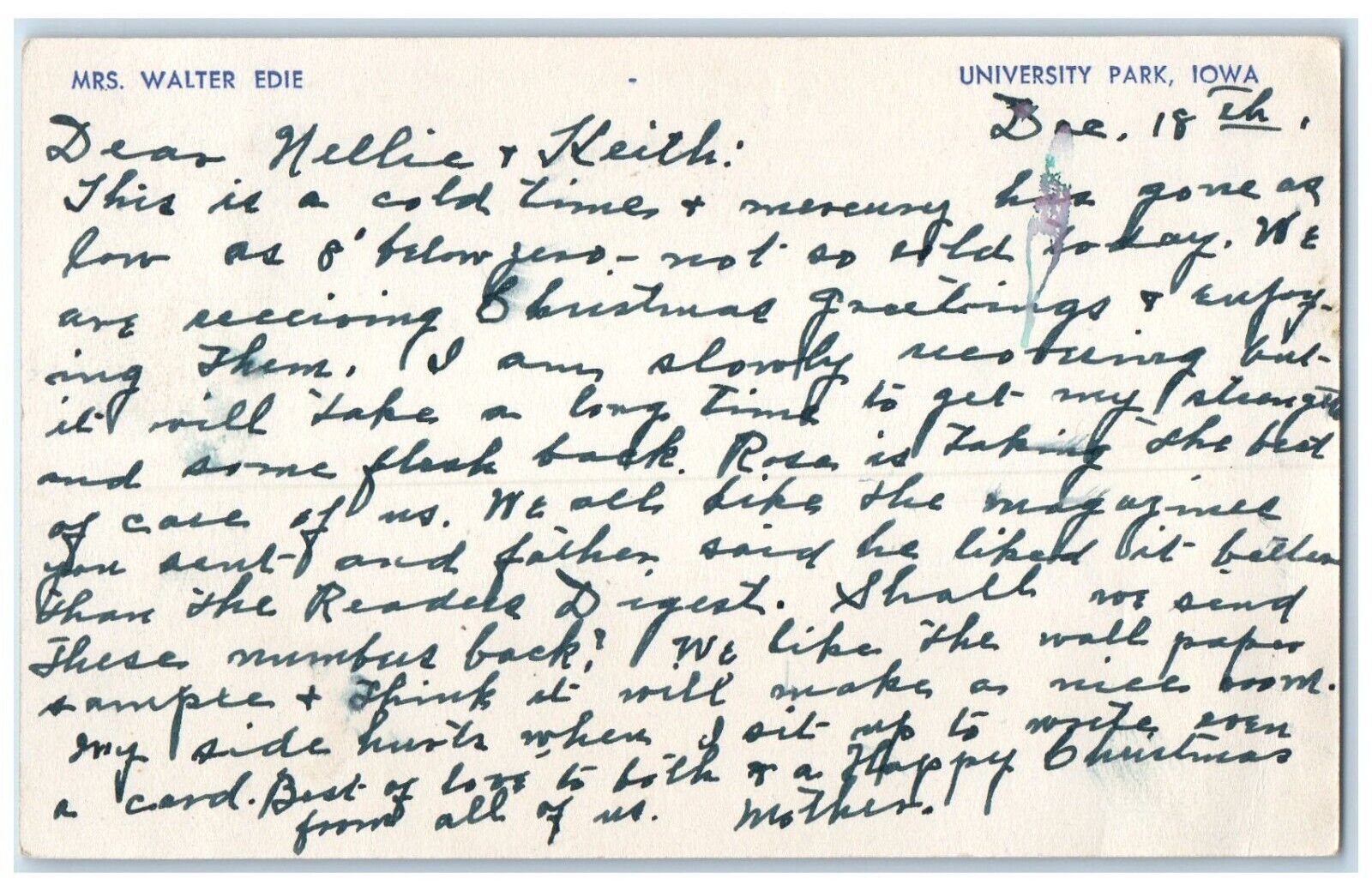 c1905 Mrs. Walter Edie Letter University Park Mable Rock Iowa IA Posted Postcard