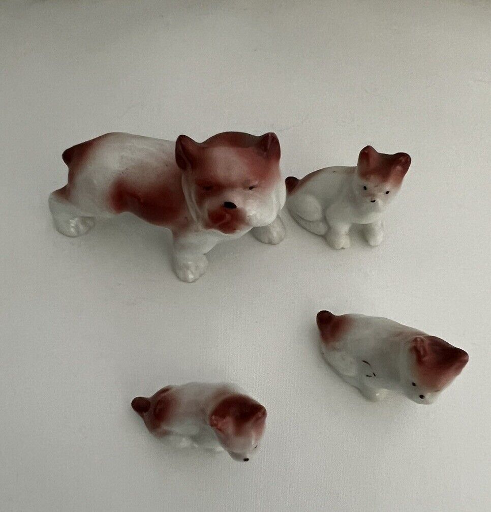 French Bulldog Vtg Porcelain Family Japan Mother & 3 Puppies