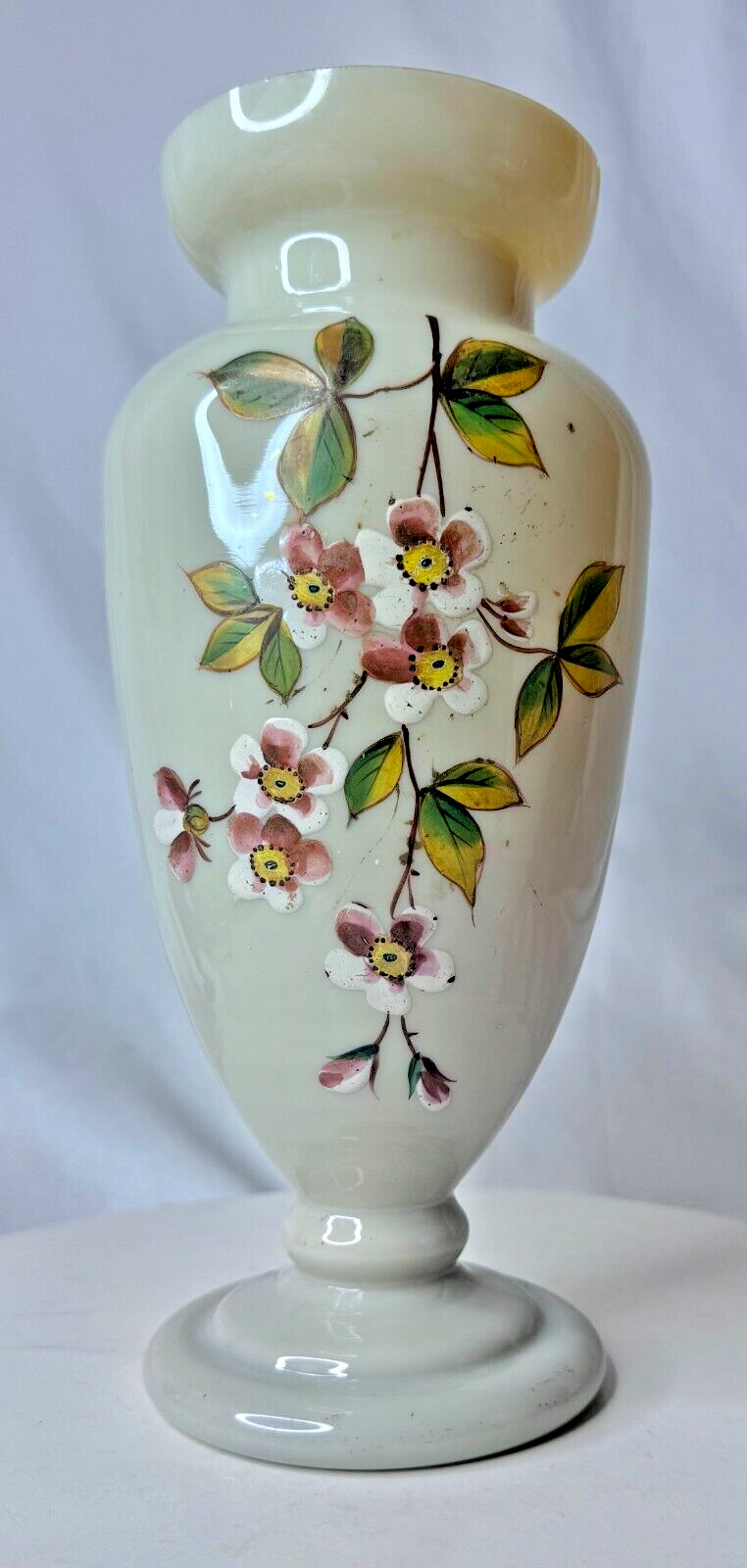 VTG AS IS Antique Hand Blown? Hand Painted Flowers Bristol Glass Vase 10\