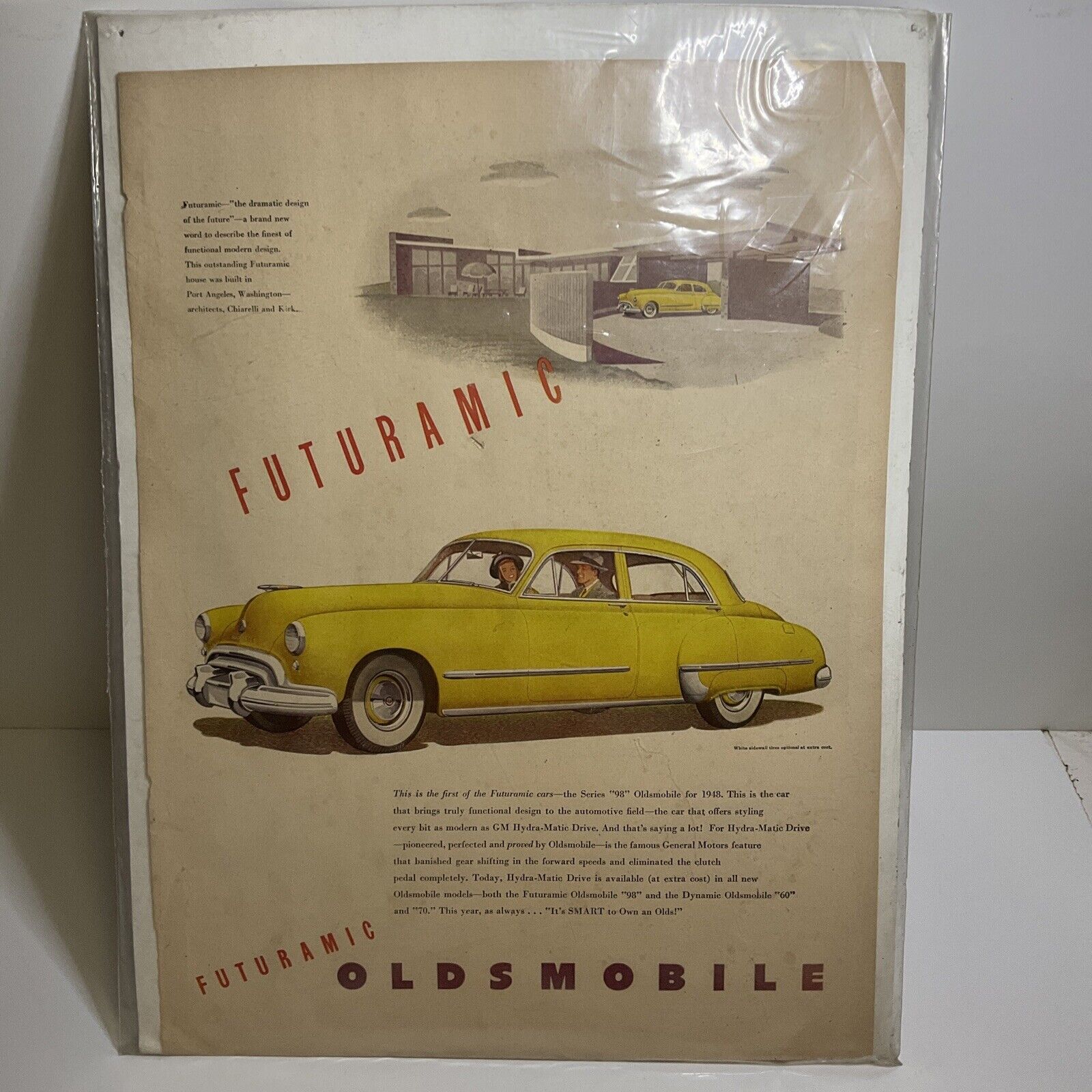 1948 Print Ad Yellow Oldsmobile Futuramic Sedan Car with White Sidewall Tires 