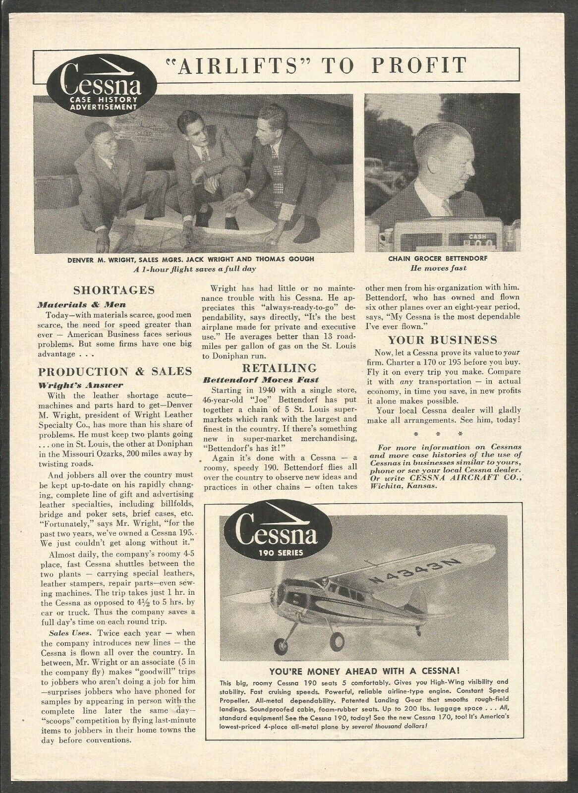 CESSNA 190 SERIES - Case History Advertisement - 1952 Vintage Print Ad