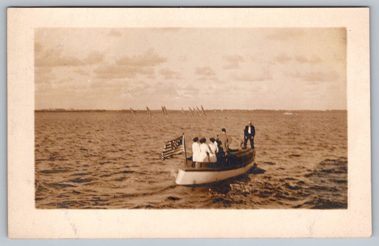 Postcard 9 Star American Flag on Vintage Boat Stern Real Photo RPPC