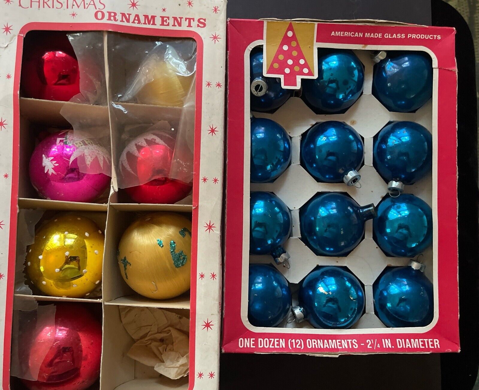 2 Boxes for vintage Christmas Tree glass hand-painted ornaments/blue ornaments