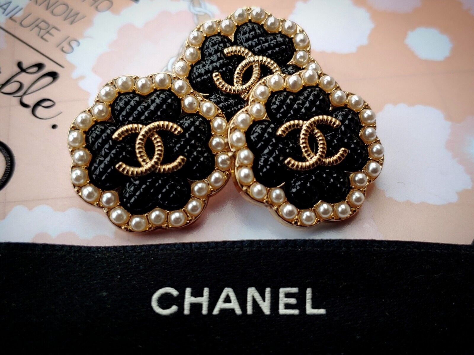 2 Vintage Chanel CC Stamped  Black Gold Pearl Buttons 22mm Lot of of 2