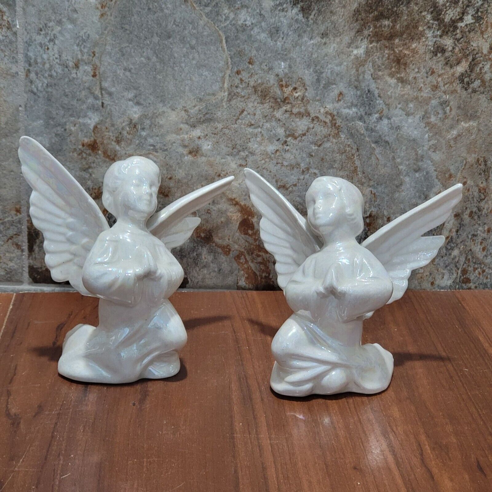 Vintage Iridiscent Luminous Winged Angel Cherub Set of 2