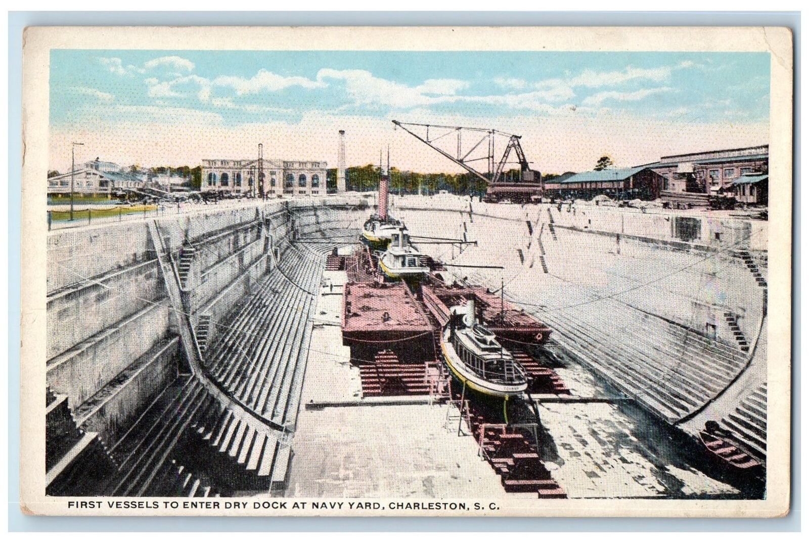 c1940's First Vessels To Enter Dry Dock At Navy Yard South Carolina SC Postcard