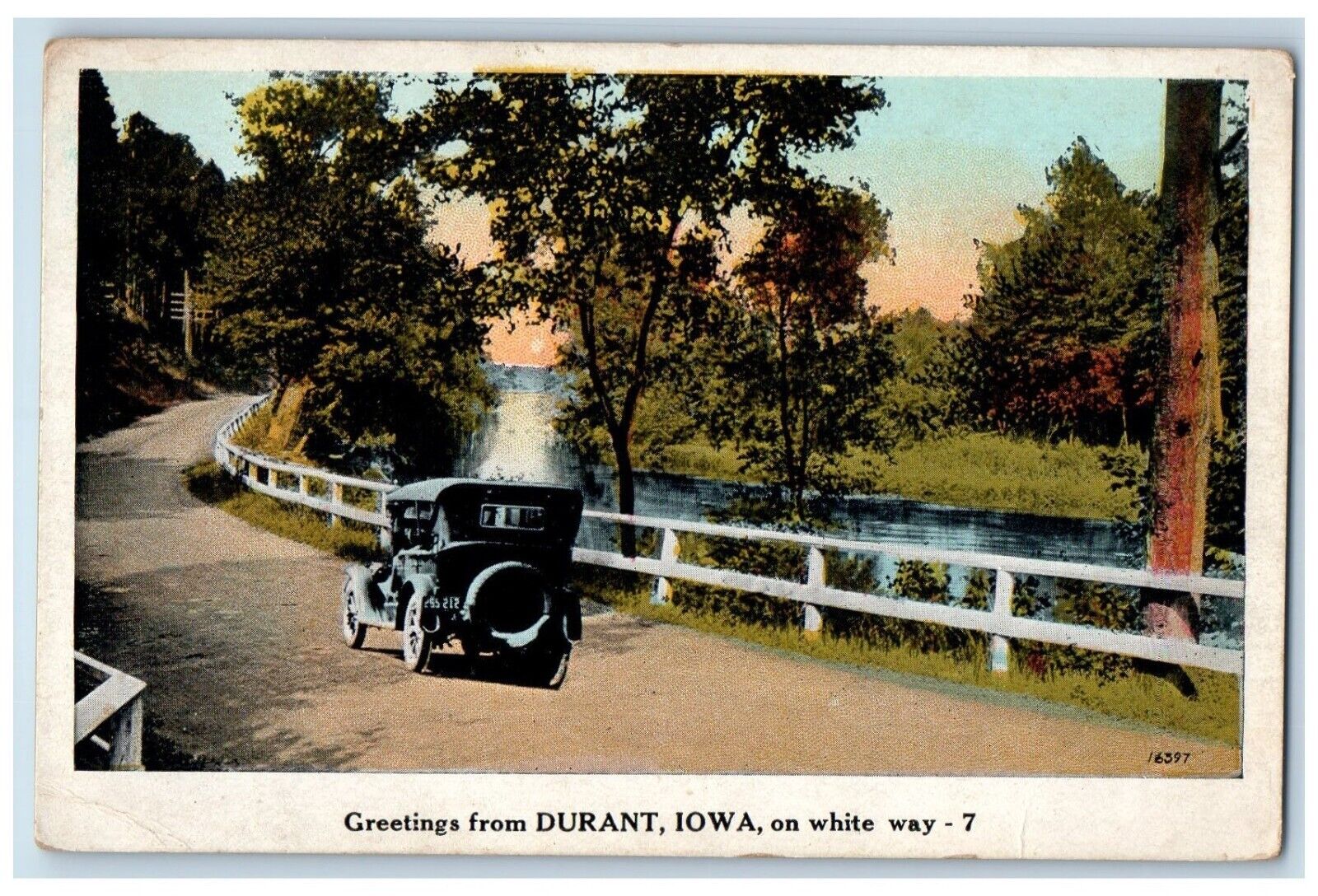 c1930's Greetings From Durant Iowa IA, Car River On White Way Vintage Postcard