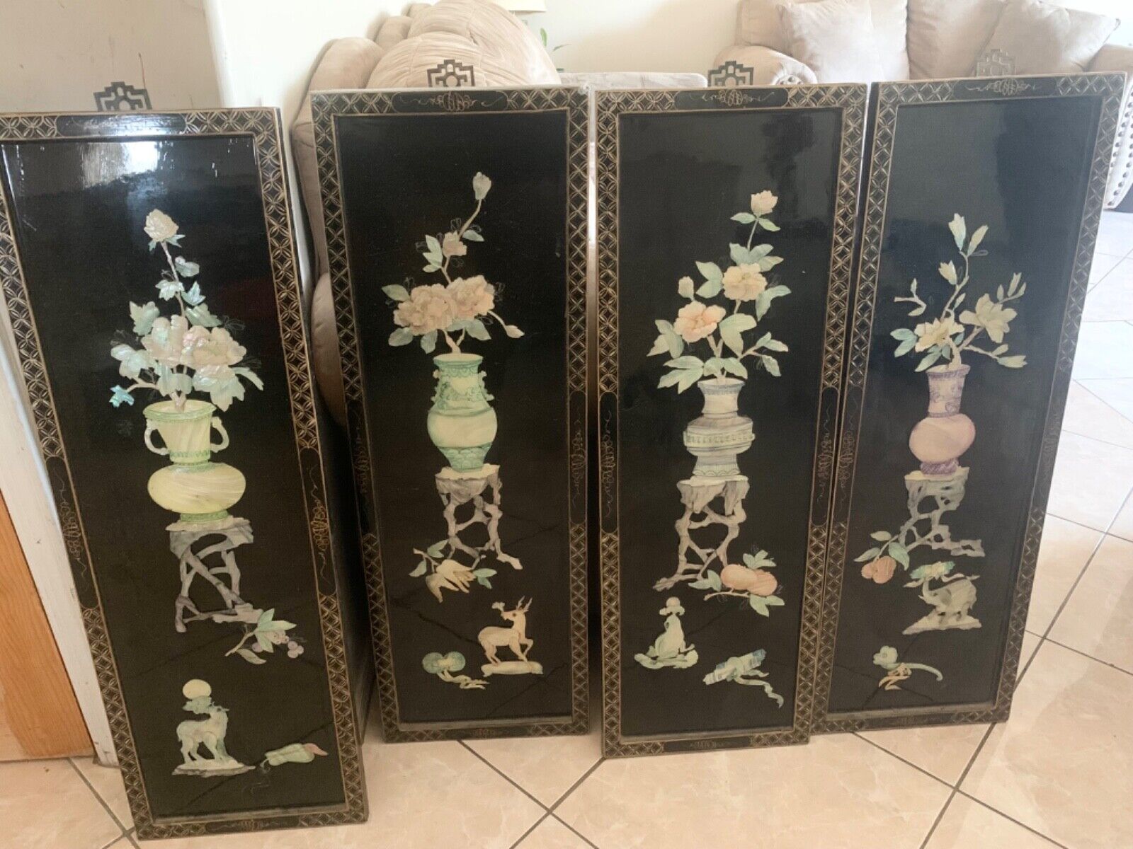 Vintage Oriental Black Lacquer and Mother -of- Pearl  2 Panels – Birds Perched o