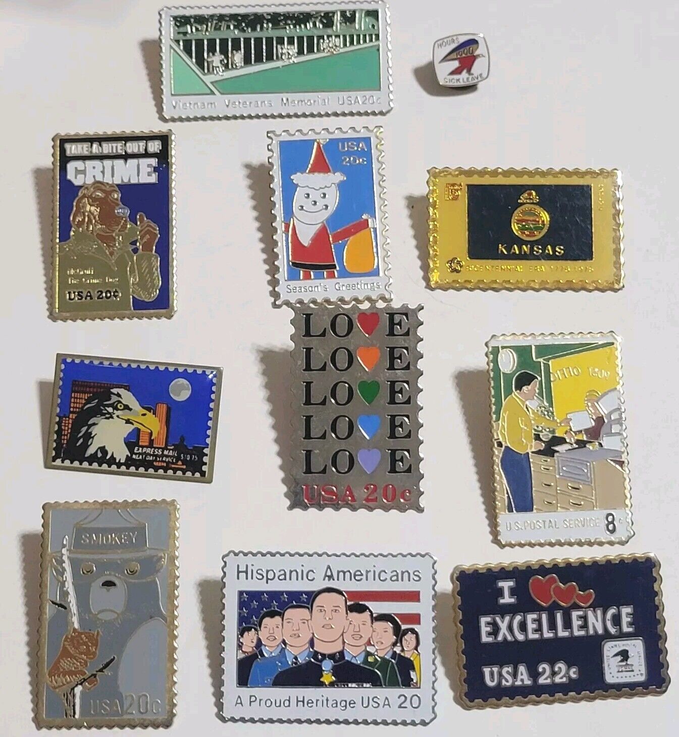 Vintage Lot of 11 USPS Post Office Pinback Lapel Pins Stamps State Love Employee