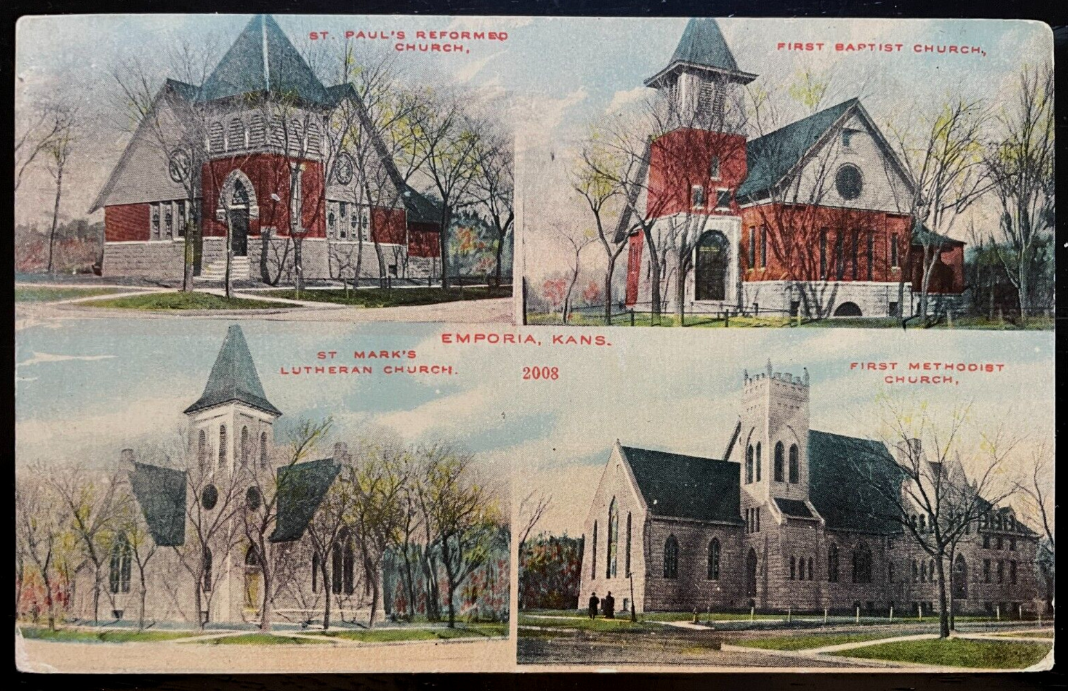 Vintage Postcard 1912 the Four Churches of Emporia, Kansas (KS)