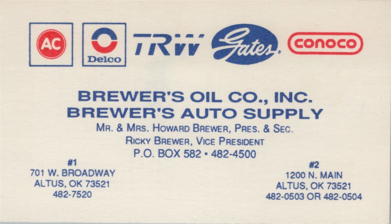 1980's 1990's Business Card Brewer's Oil Company Auto Supply Altus OK Vtg