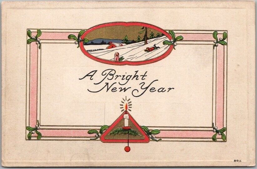 1913 HAPPY NEW YEAR Greetings Postcard Winter / Snow Sledding Scene / Bergman