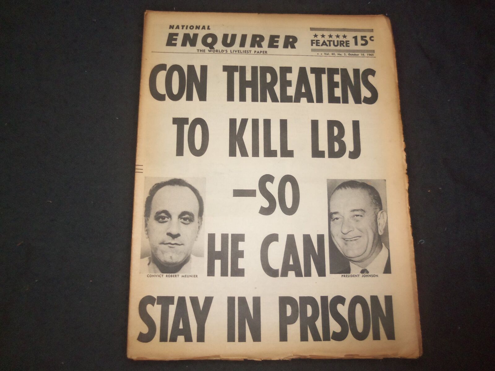 1965 OCTOBER 10 NATIONAL ENQUIRER NEWSPAPER- CON THREATENS TO KILL LBJ - NP 7395