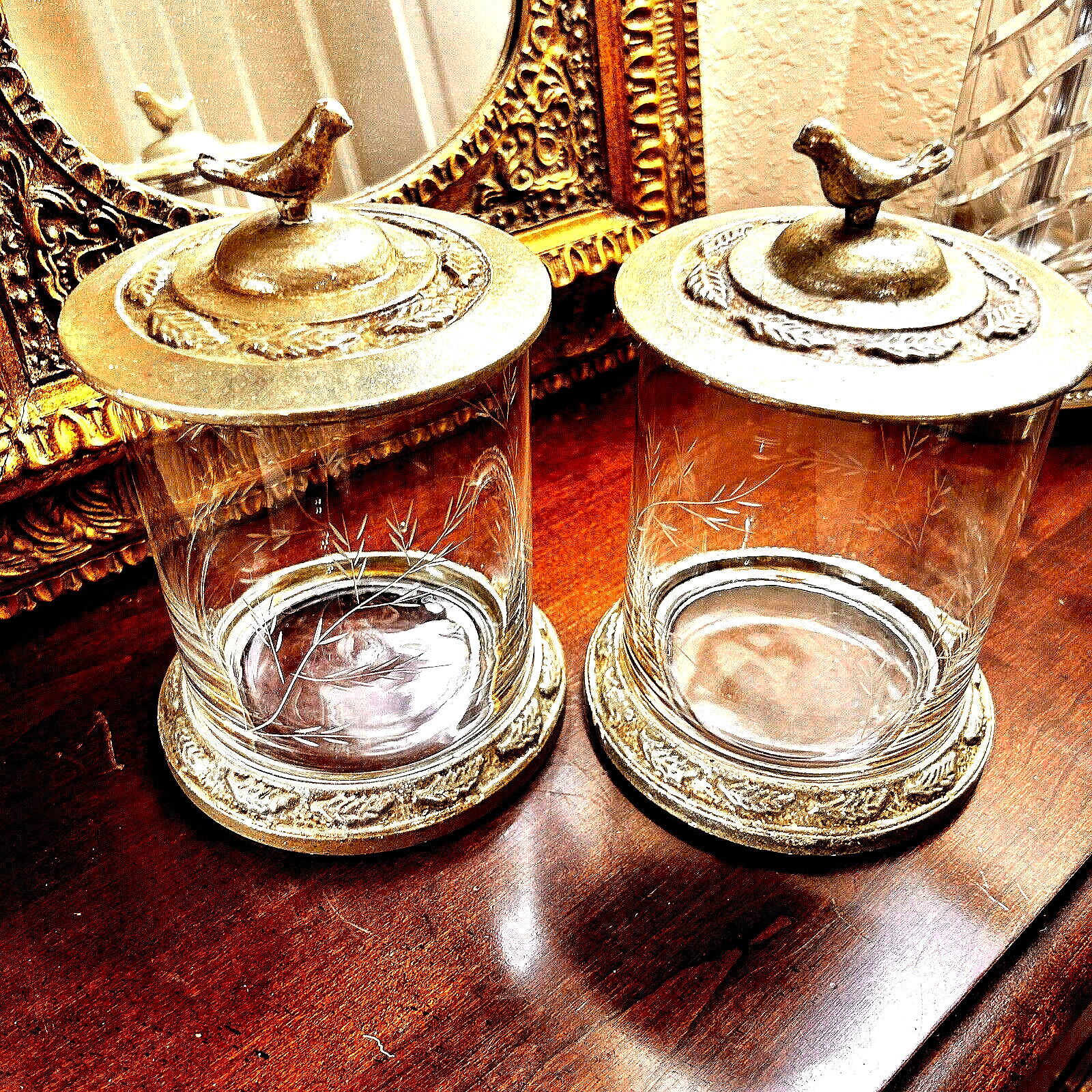 PAIR VANITY JARS/CANNISTERS W/LIDS-ETCHED GLASS- ANTIQUED SILVER FINISH