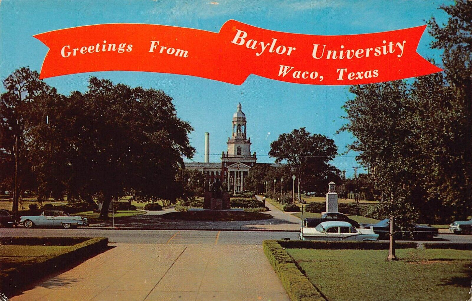 Waco TX Texas Baylor University Campus Pat Neff Hall 1950s Cars Vtg Postcard O6