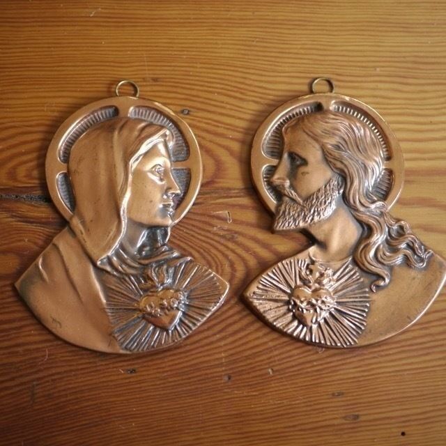 Pair Vintage Jesus Christ Mother Mary Copper Metal Religious Symbols Hanging Art