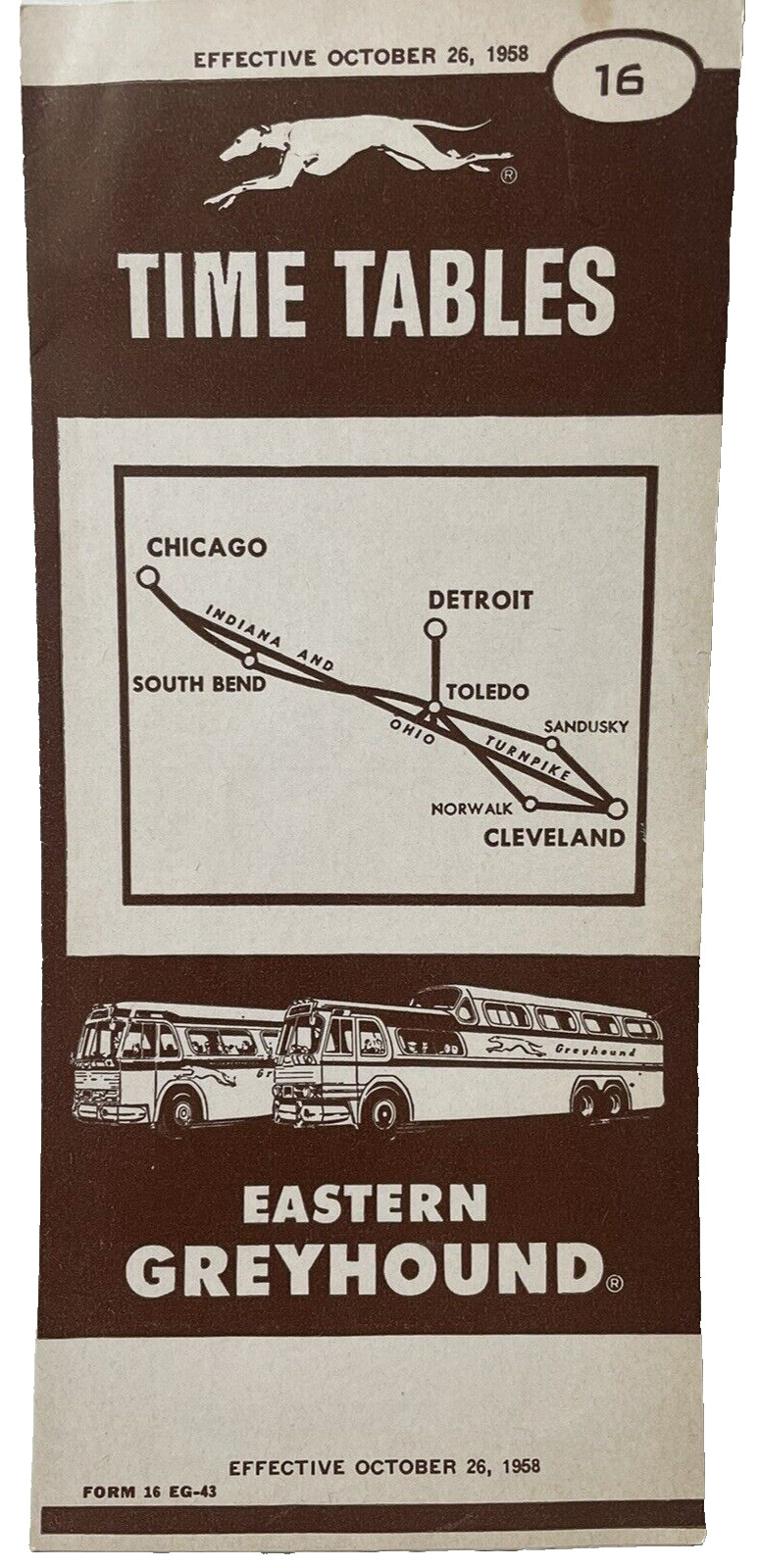 Eastern Greyhound Bus Time Table 1958 Vintage No 16 Chicago Detroit Cleveland