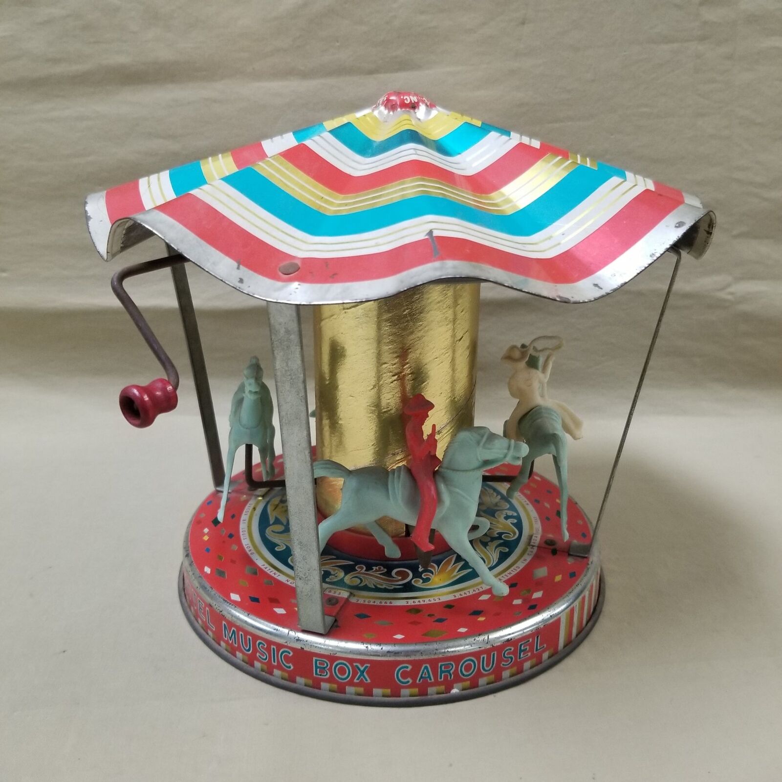 Vintage Mattel Tin Carousel Music Box with 2 Figures Home Decor Non-working