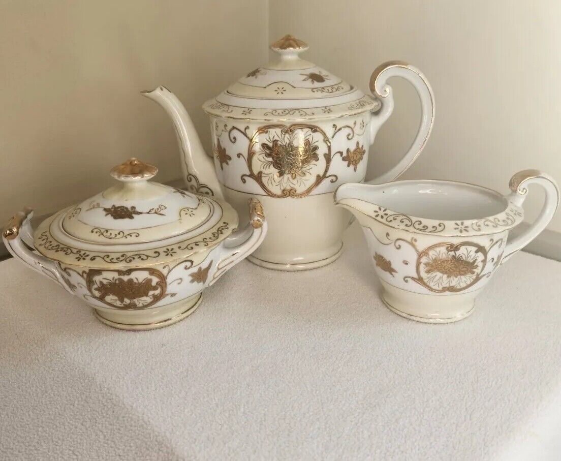 Antique 1920s Moriyama Mori-Machi Teapot Serving Set 5 Pieces Gold Gilding