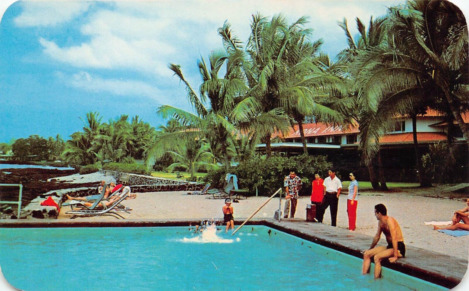 Kailua-Kona HI Hawaii Kona Inn Hotel Pool Restaurant Vtg Postcard D38